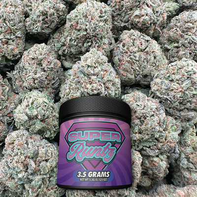 Super Runtz container with buds on a textured background