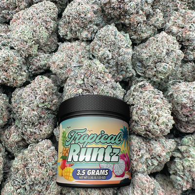 Tropical Runtz container with buds on a textured background