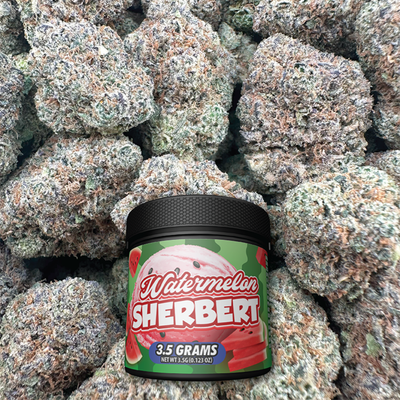 Jar of watermelon sherbert candy with flower