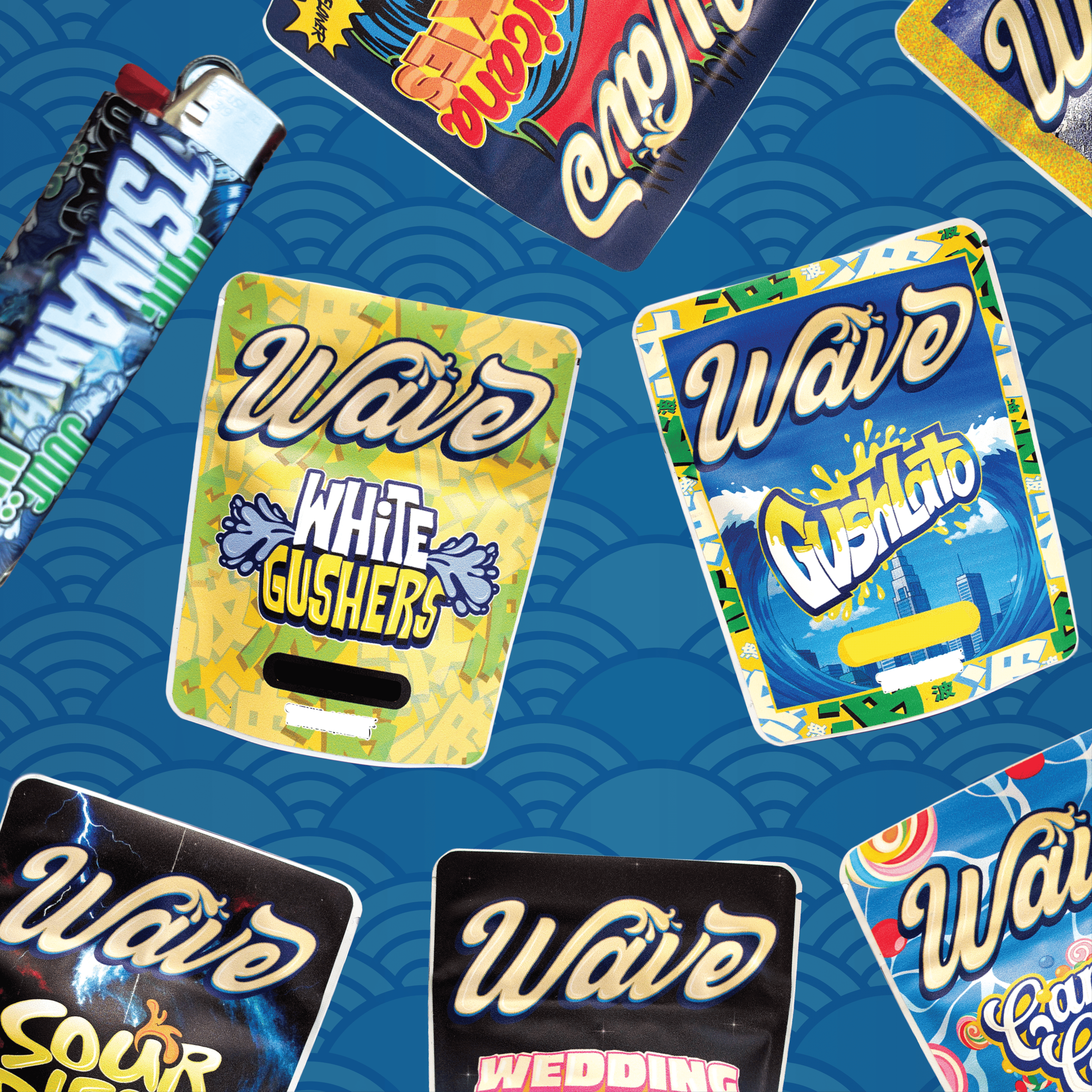 Tsunami Wave cannabis packages on a blue patterned background