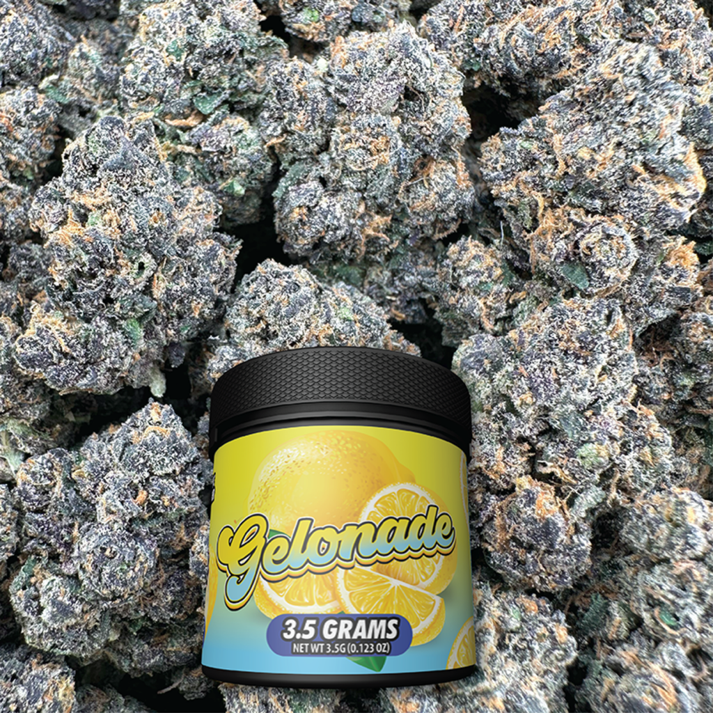 Jar of 'Gelonade' surrounded by buds