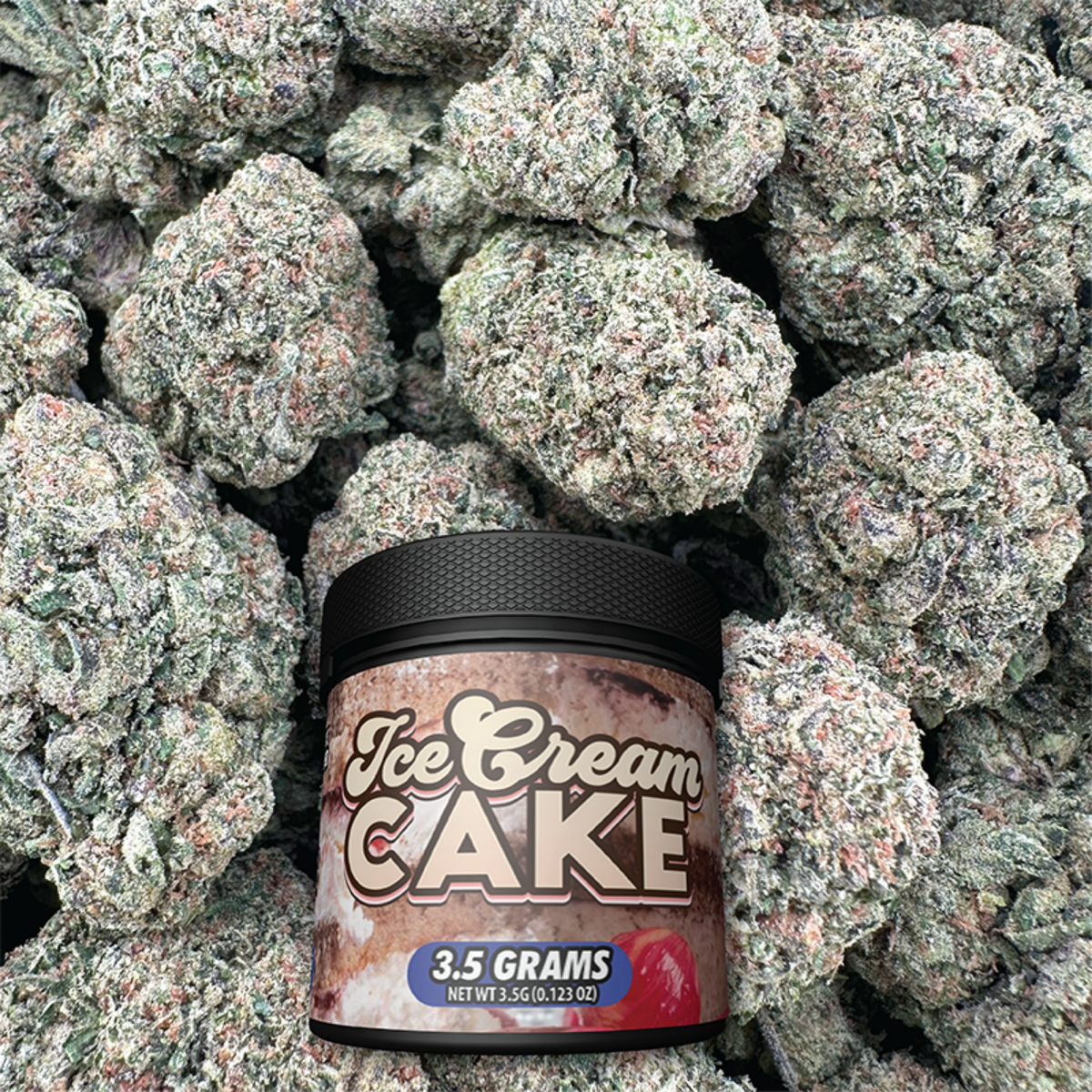 Jar of 'Ice Cream Cake' with buds in the background