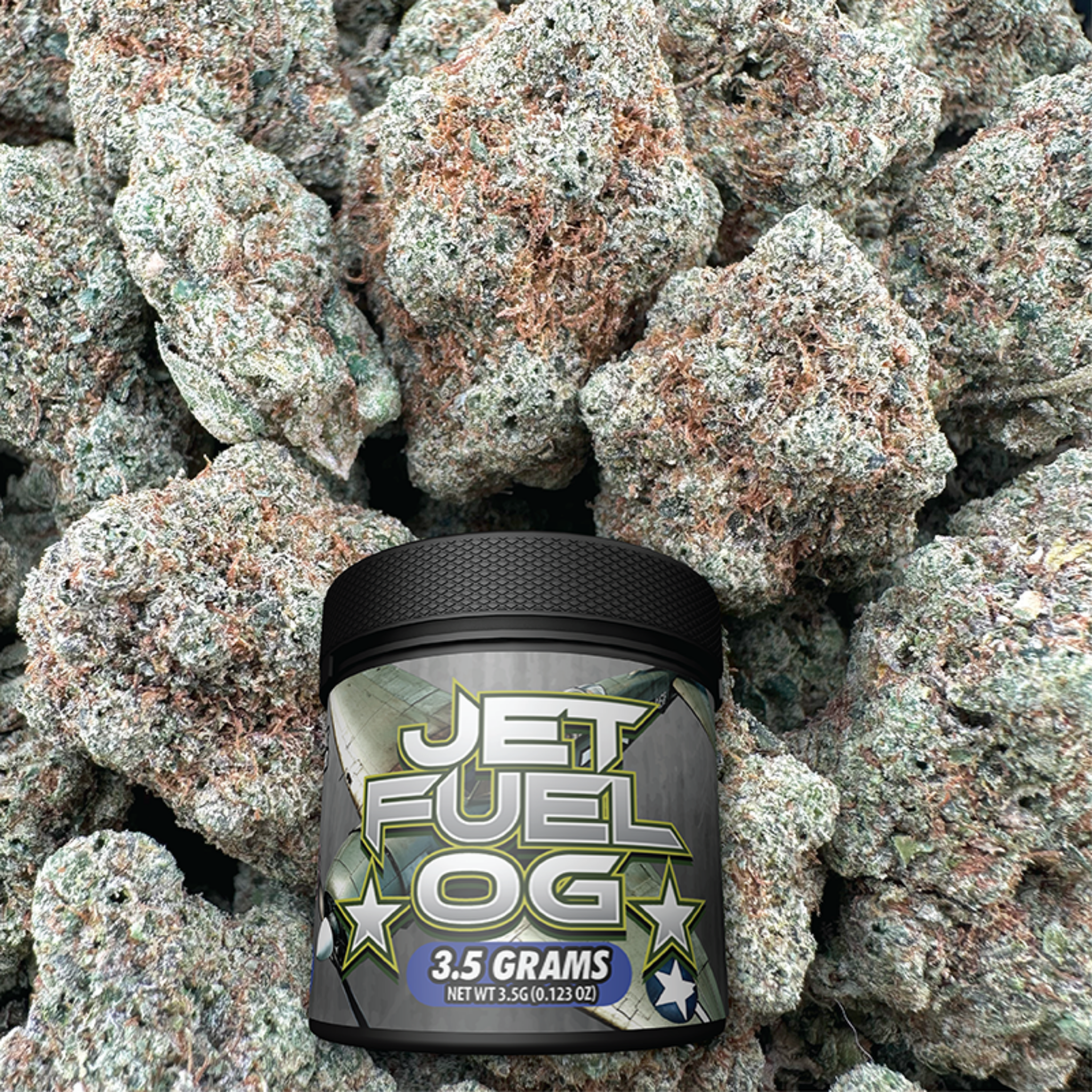 Jar labeled 'JET FUEL OG' surrounded by flower