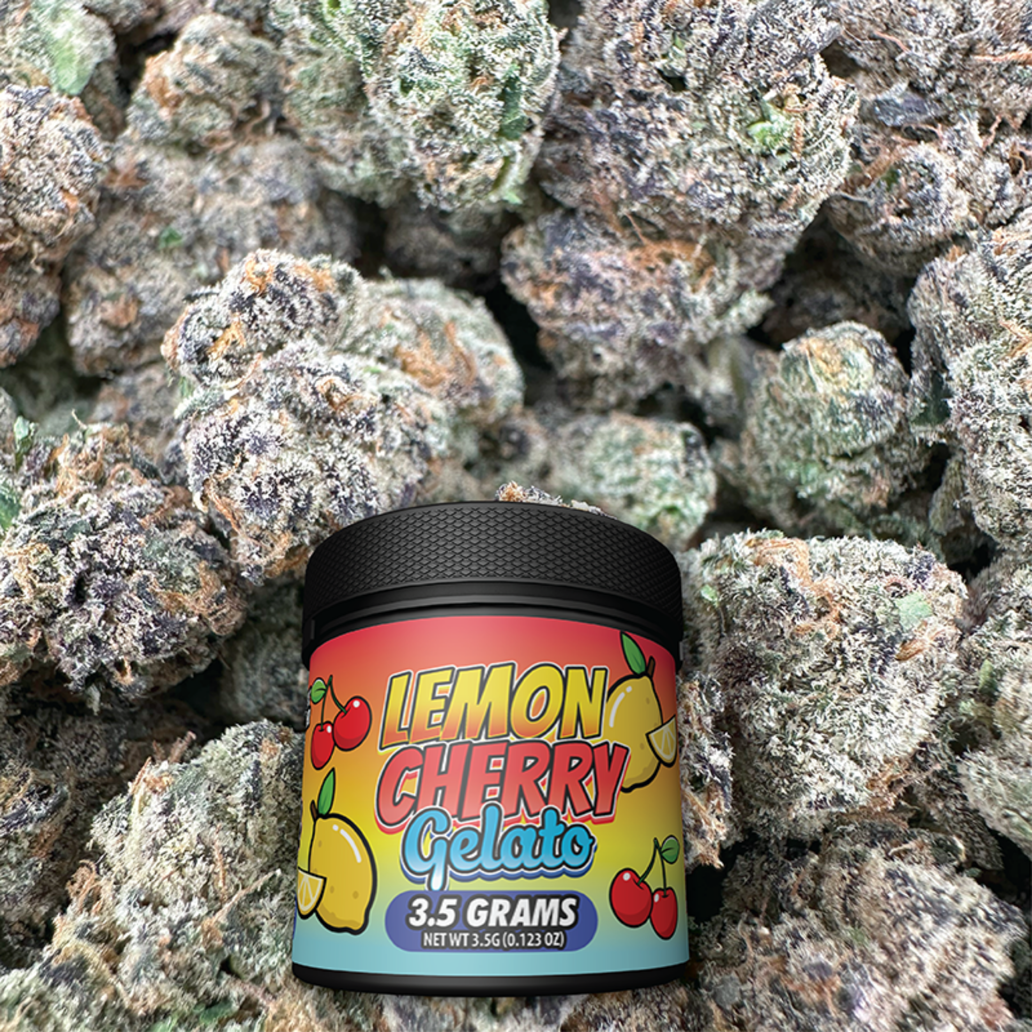 Jar of Lemon Cherry Gelato with cannabis buds in the background