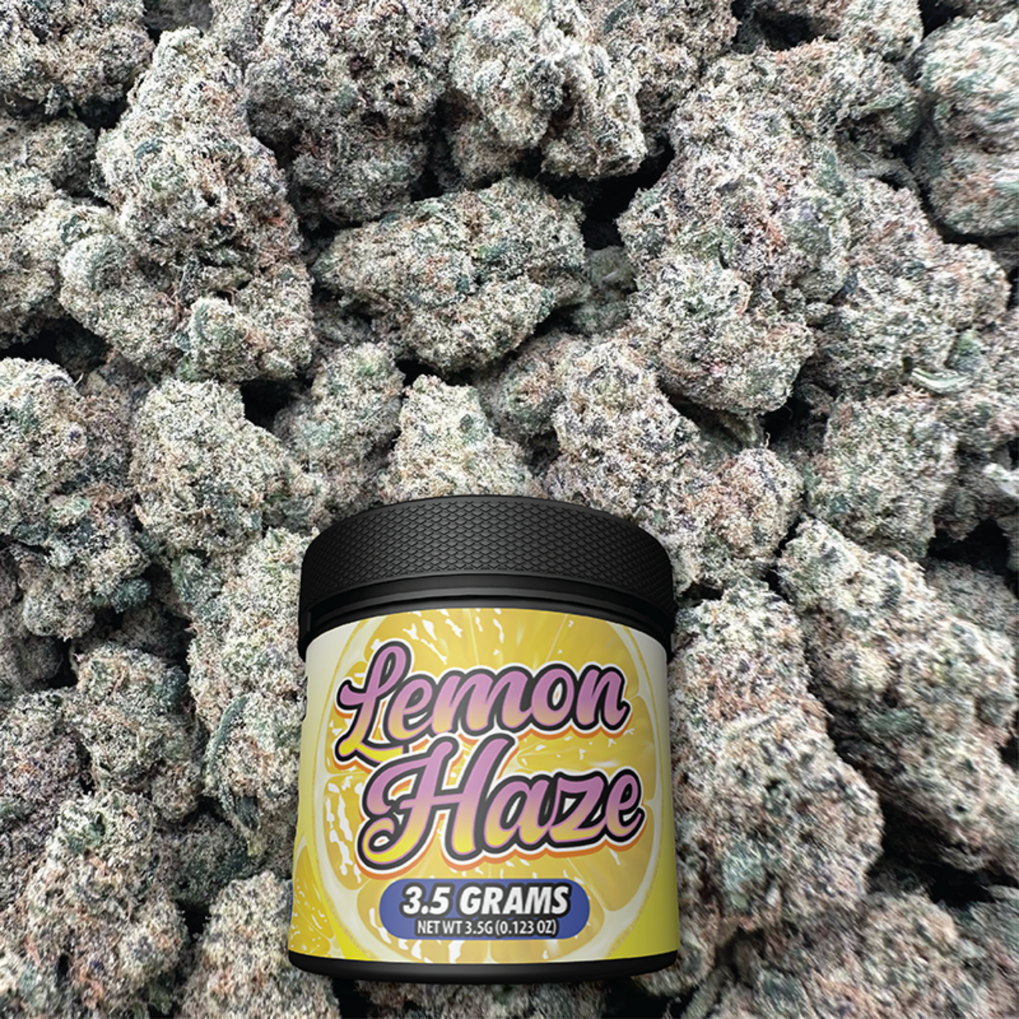 Jar of 'Lemon Haze' on a bed of buds