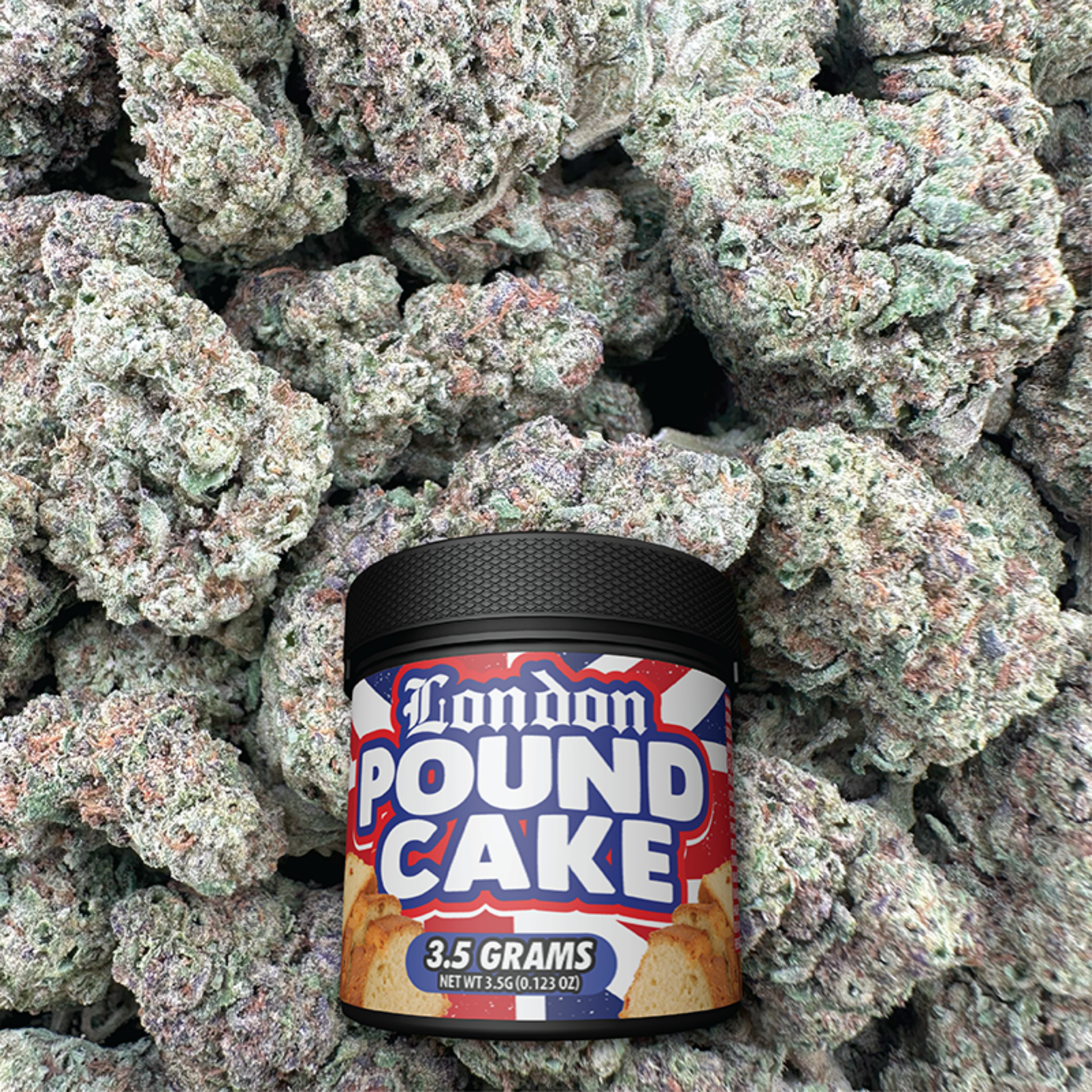 Jar of 'London Pound Cake' with  buds in the background