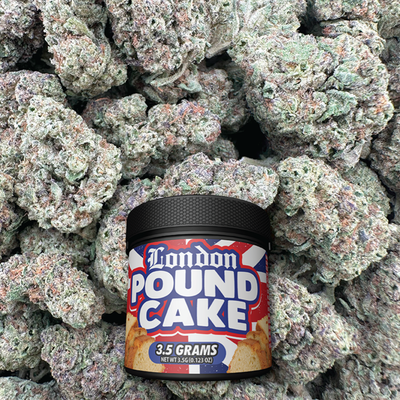 Jar of 'London Pound Cake' with  buds in the background