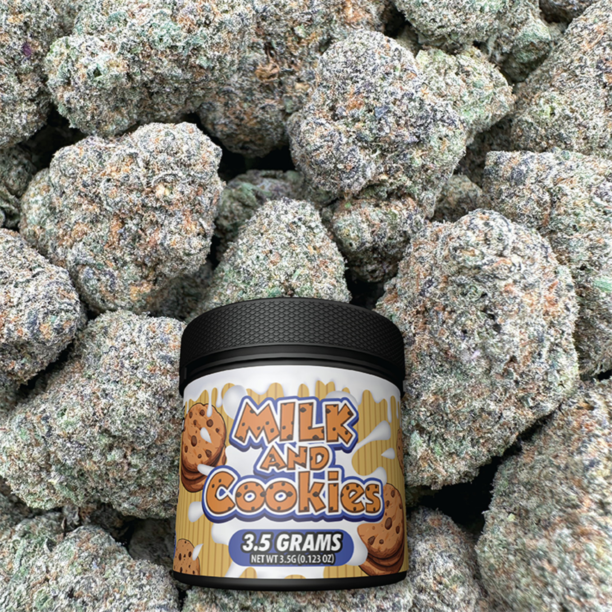 Jar labeled 'Milk and Cookies' on a background of buds