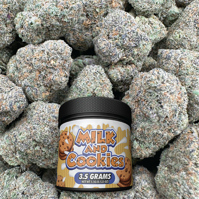 Jar labeled 'Milk and Cookies' on a background of buds