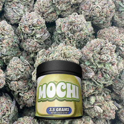 Jar labeled 'Mochi' surrounded by buds
