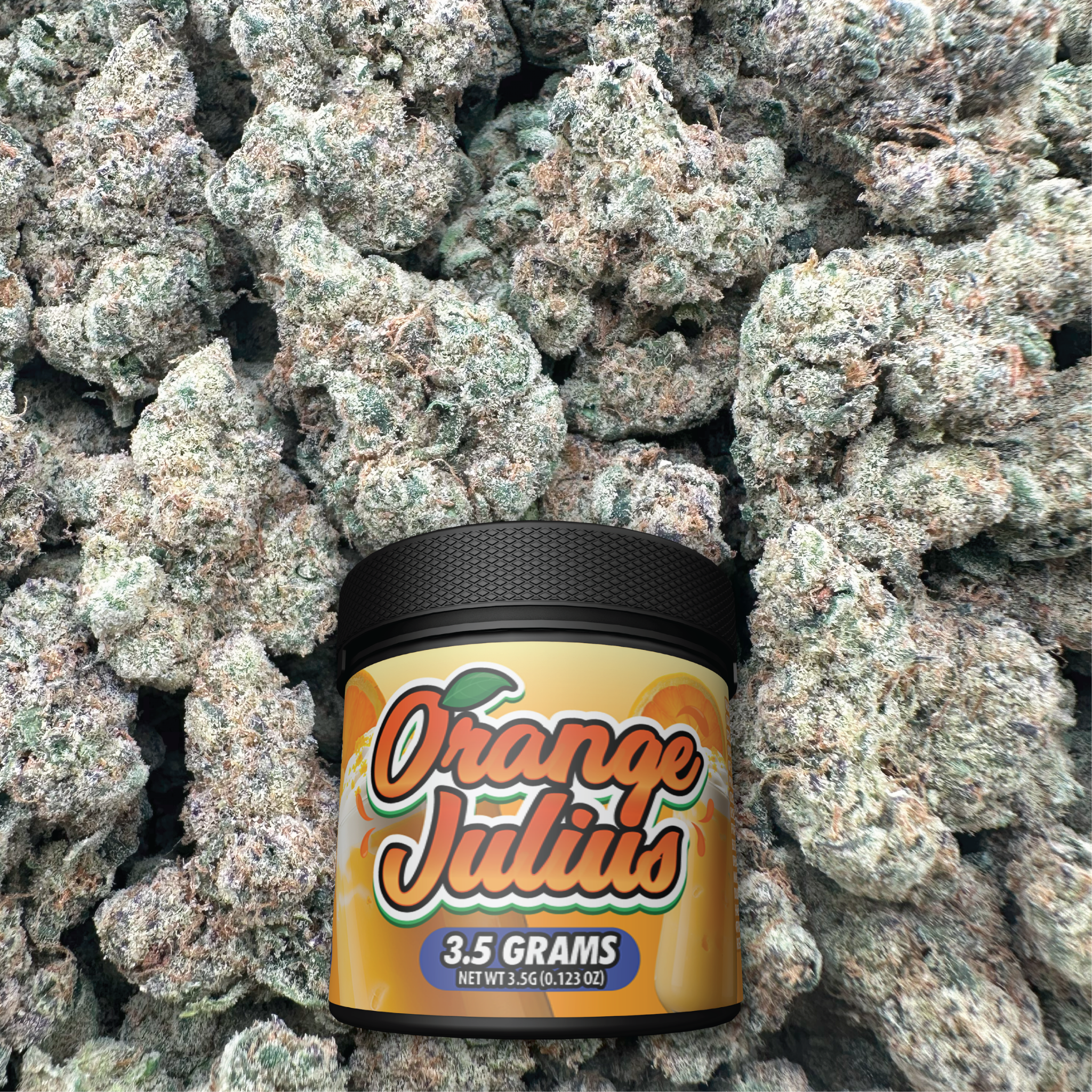 Jar of 'Orange Julius' on a bed of green buds