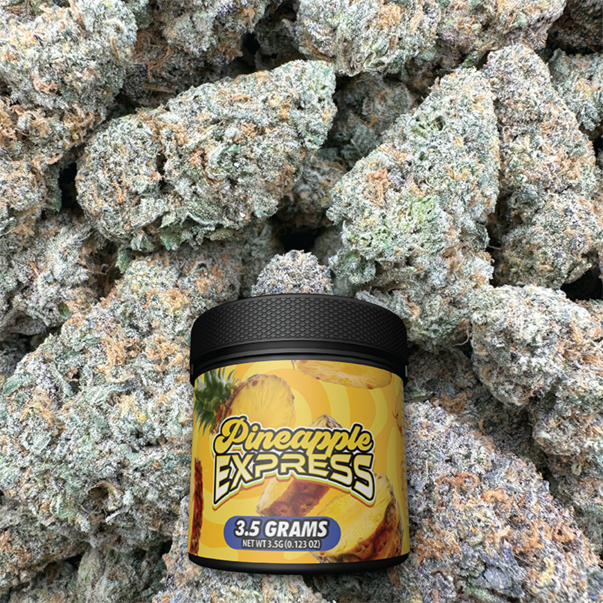 Jar of 'Pineapple Express' on a background of buds