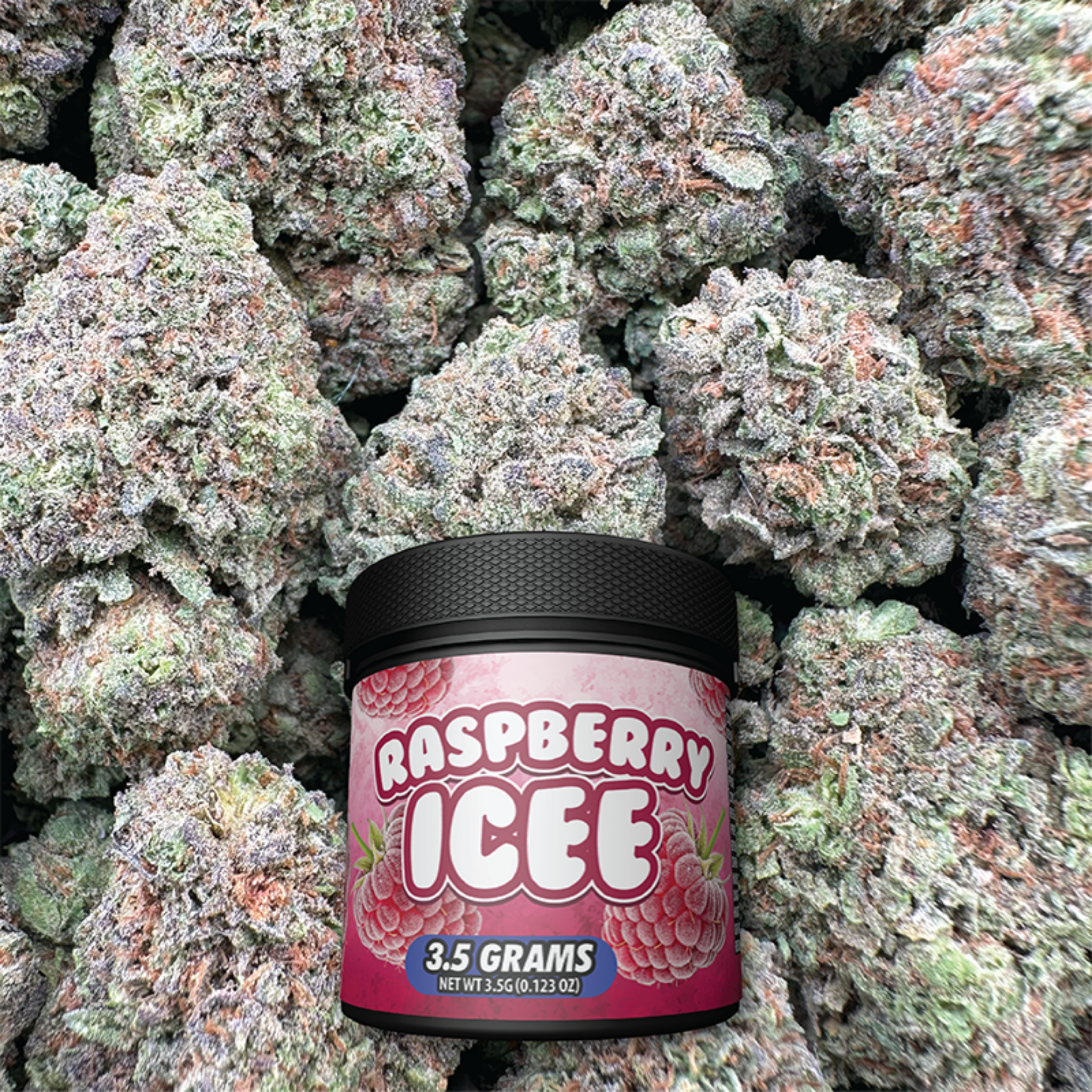 Jar of Raspberry Icee candy with buds in the background