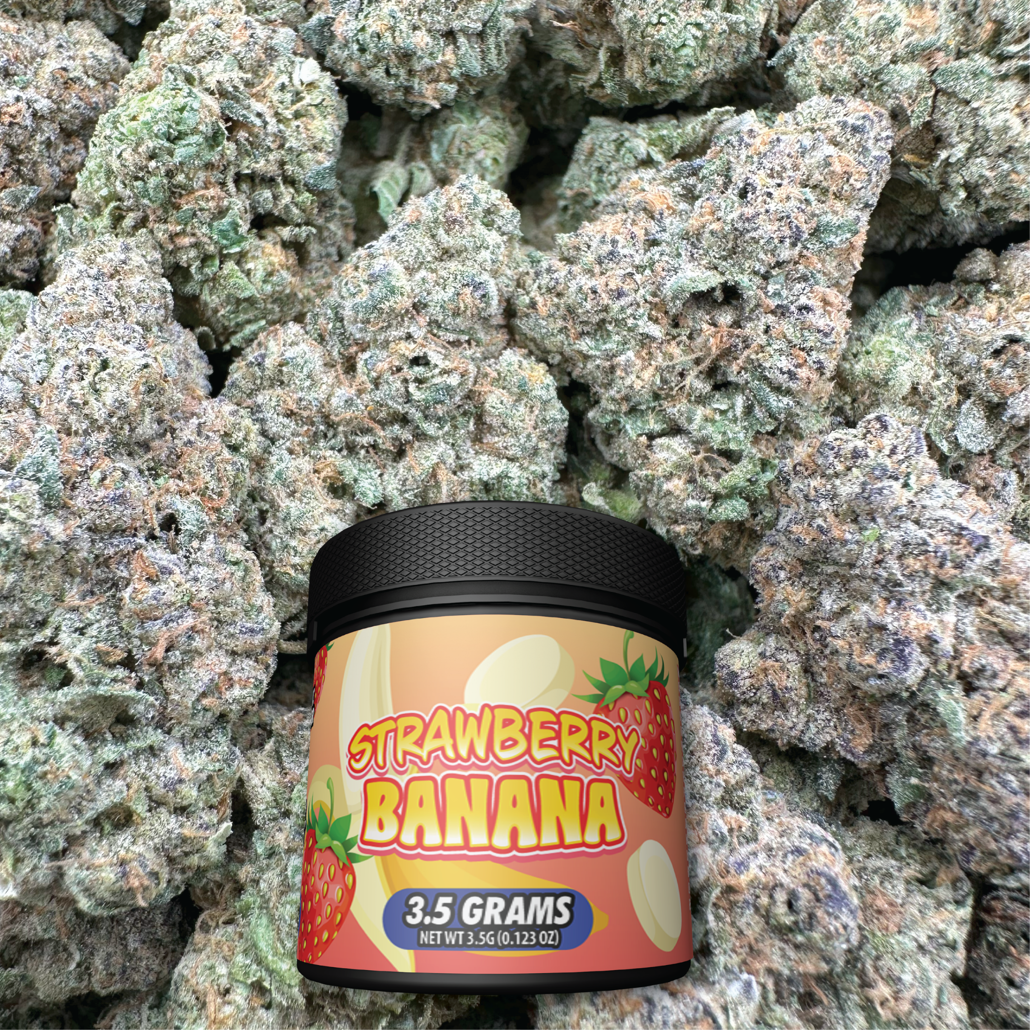 Jar of 'Strawberry Banana' flavor on a background of green buds