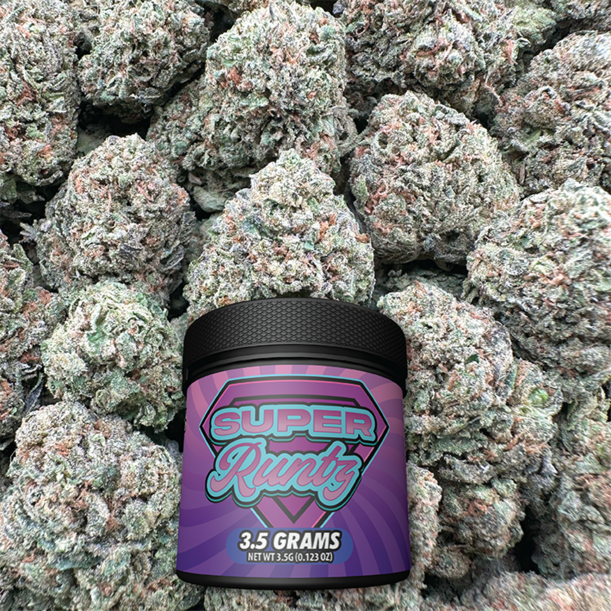 Super Runtz container with buds on a textured background