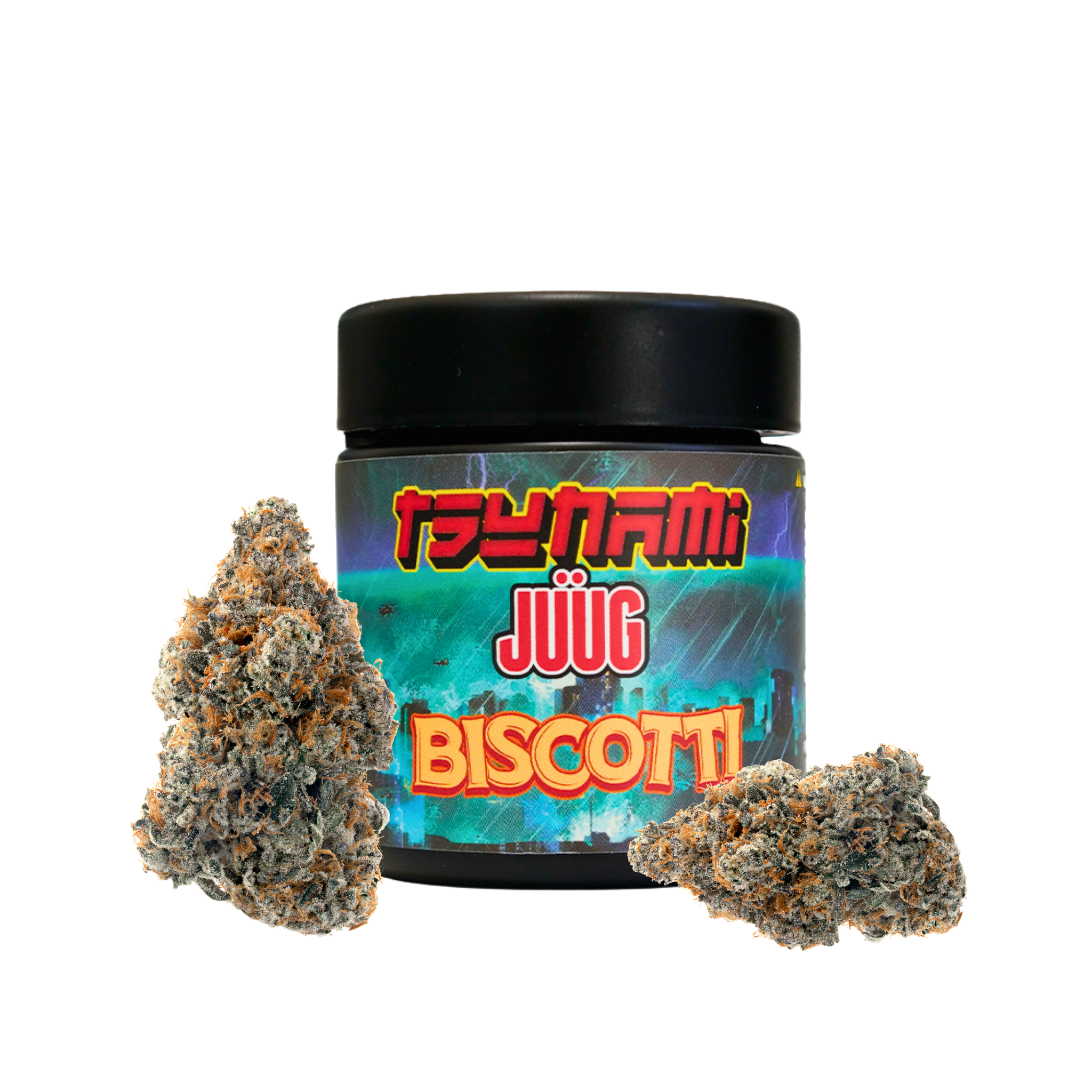 Jar of Jüüg Biscotti with buds on a white background