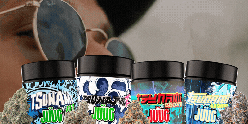 Tsunami Cannabis jars with man smoking in the background