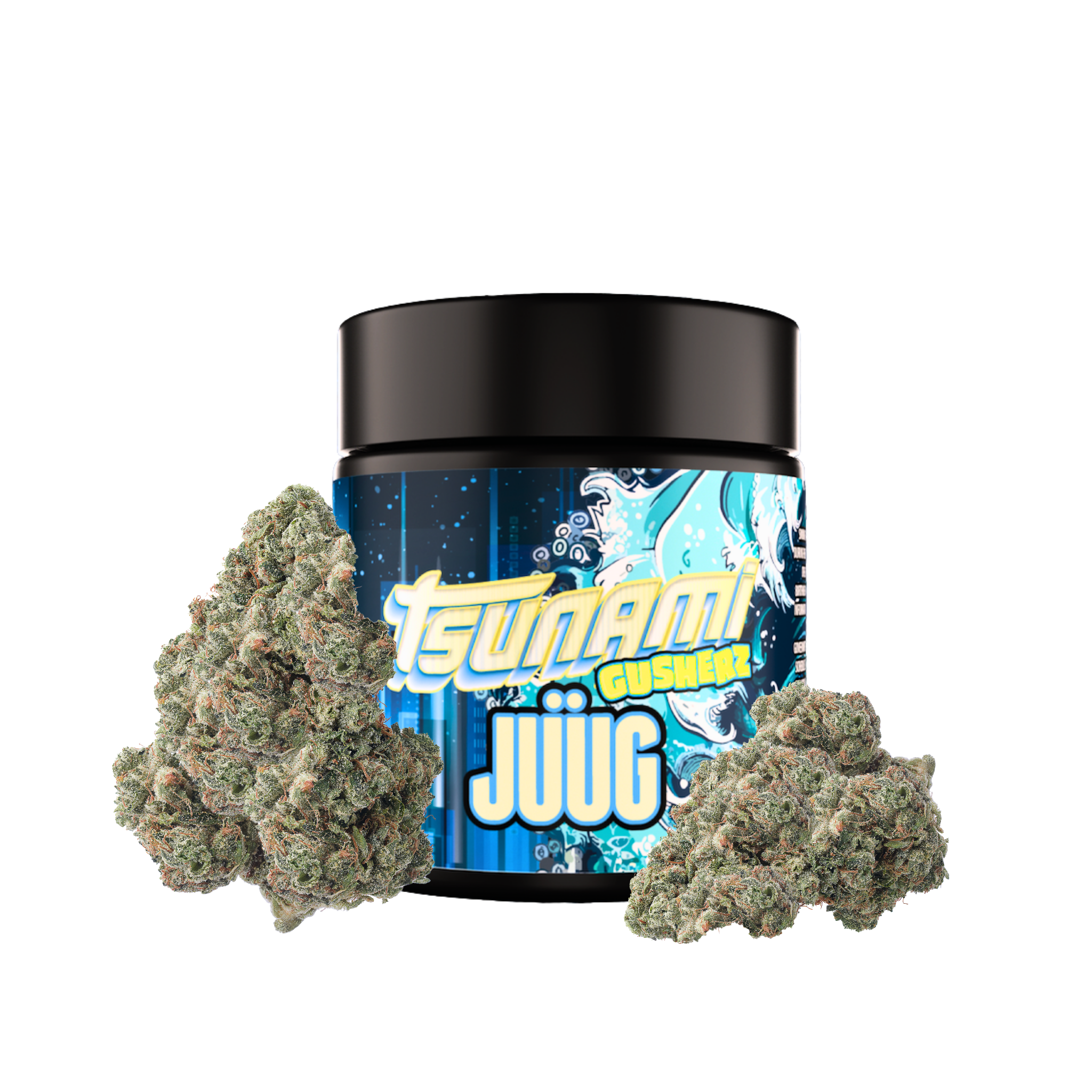 Jar with tsunami visible branding on a white background