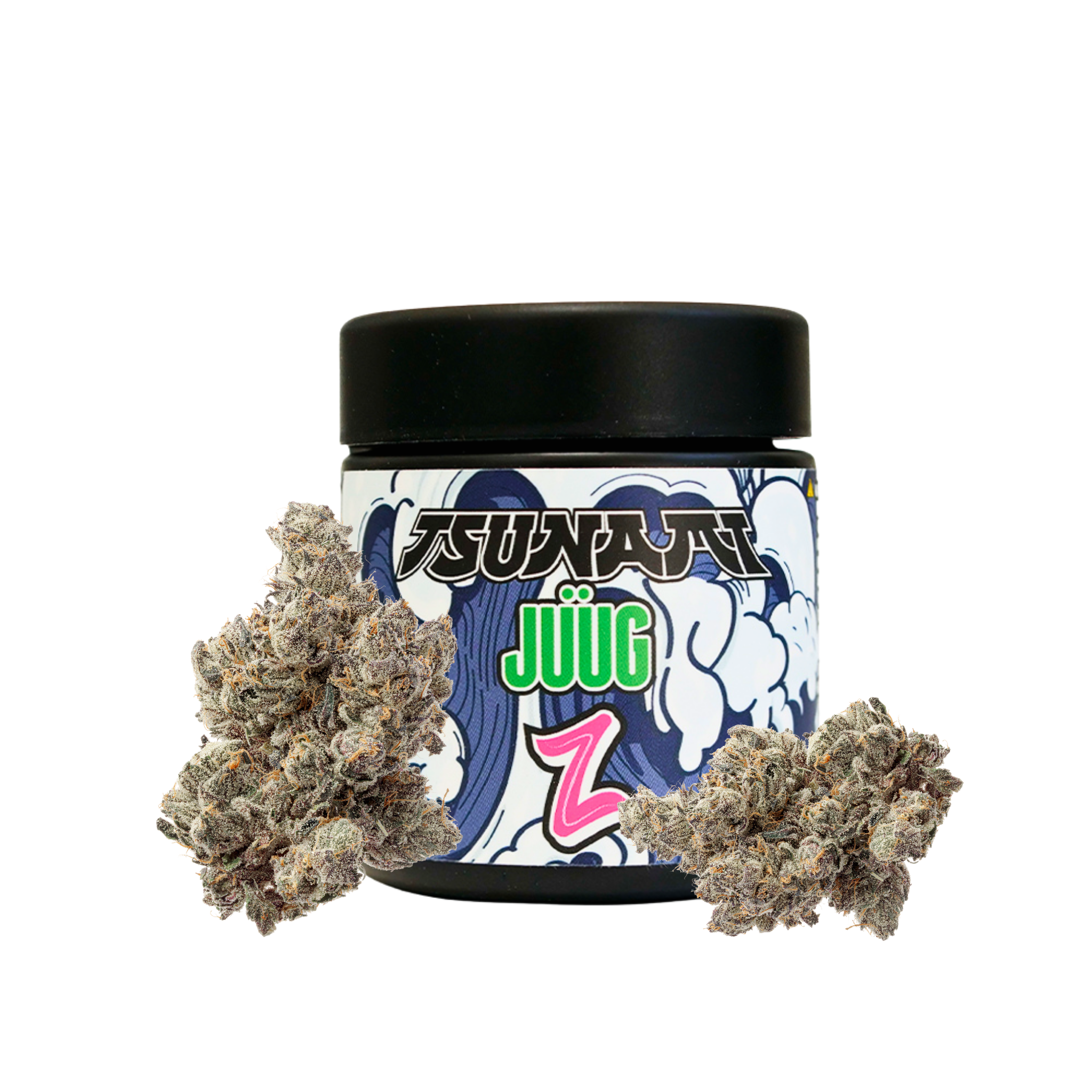 Jar of cannabis buds on a white background