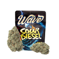 Wave Sour Diesel packaging with two clumps of flower on a white background