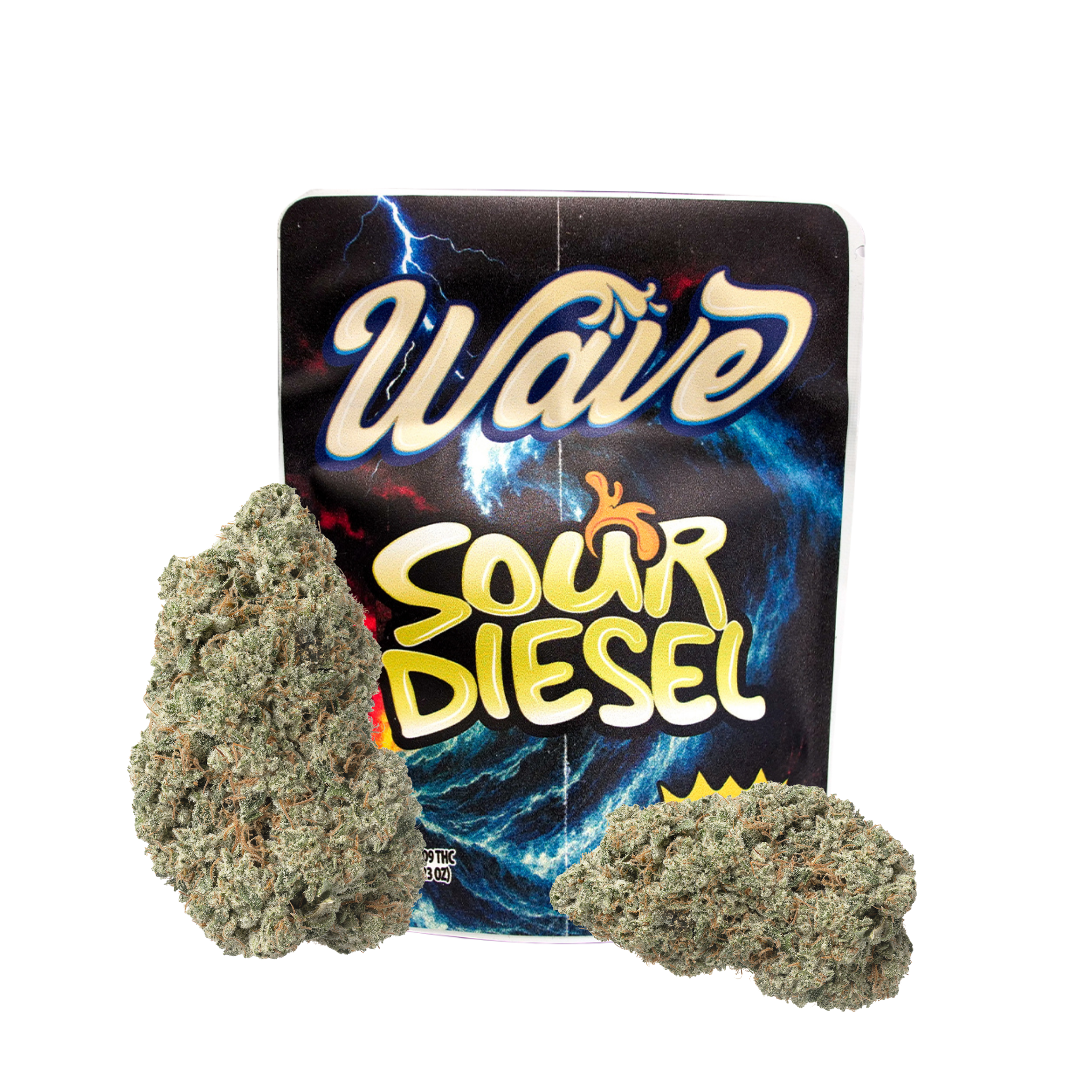 Wave Sour Diesel packaging with two clumps of flower on a white background