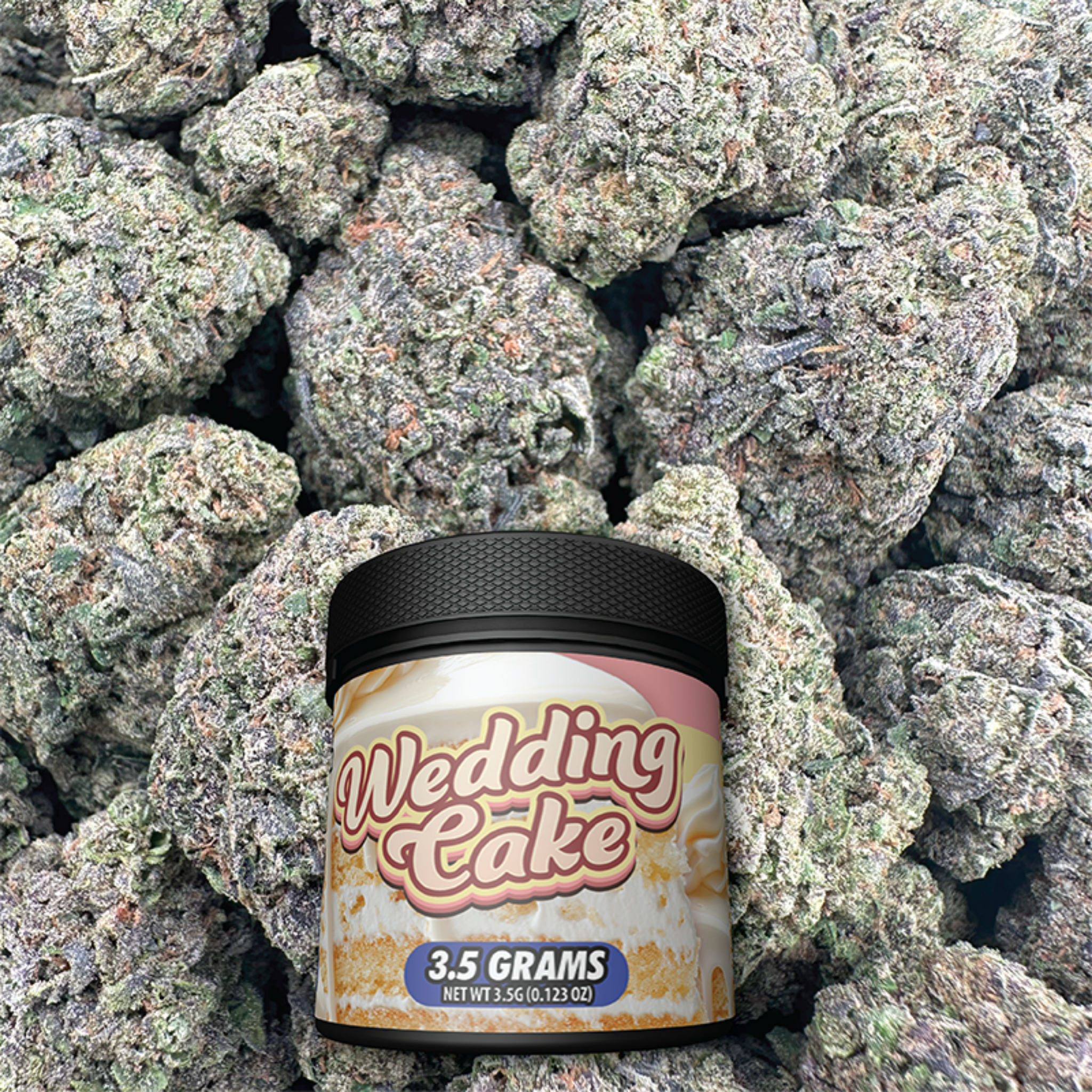Jar of 'Wedding Cake' cannabis product surrounded by cannabis buds