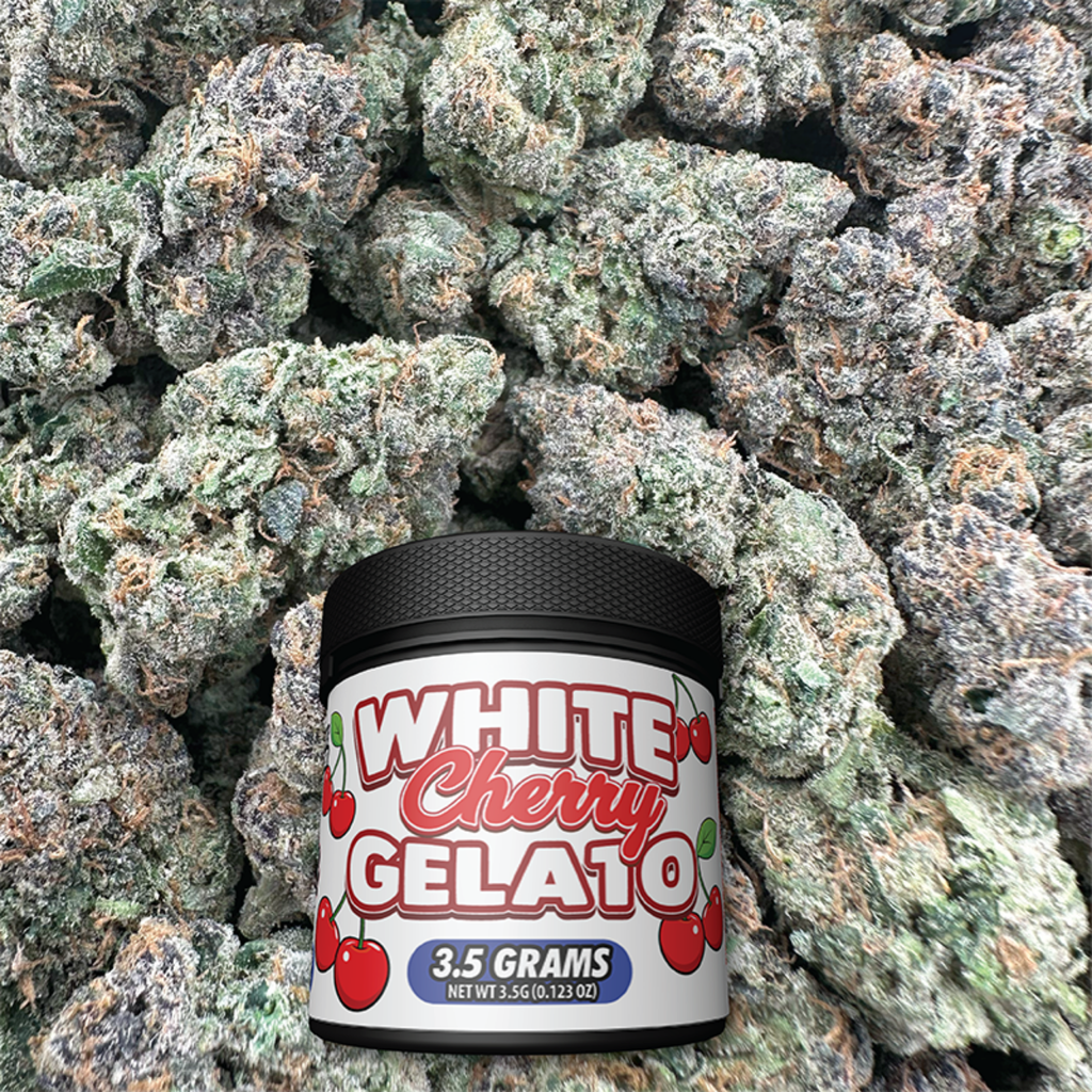 Jar of 'White Cherry Gelato' surrounded by buds